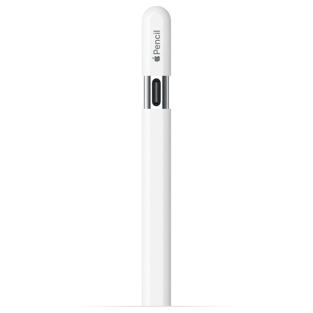 Apple Pencil (USB-C), white, end cap engraving reads, Apple Pencil, the word Apple represented by an Apple logo