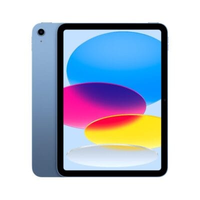 Partial back view of iPad in Blue showing the back camera, and full front view displaying a colourful wallpaper design.