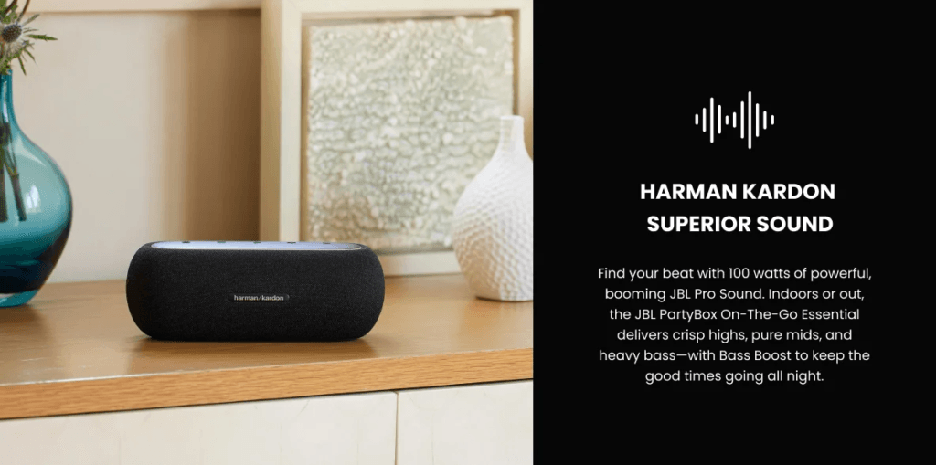 Harman Kardon superior sound Stylish looks, quality design Built-in battery IP67 waterproof and dustproof Bluetooth music streaming Made in part with 100% recycled polyester yarn, 85% recycled plastic, and 50% recycled aluminum Boost stereo sound with two speakers