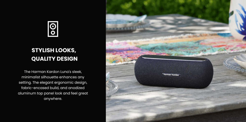 Harman Kardon superior sound Stylish looks, quality design Built-in battery IP67 waterproof and dustproof Bluetooth music streaming Made in part with 100% recycled polyester yarn, 85% recycled plastic, and 50% recycled aluminum Boost stereo sound with two speakers