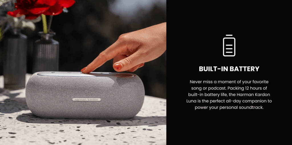 Harman Kardon superior sound Stylish looks, quality design Built-in battery IP67 waterproof and dustproof Bluetooth music streaming Made in part with 100% recycled polyester yarn, 85% recycled plastic, and 50% recycled aluminum Boost stereo sound with two speakers