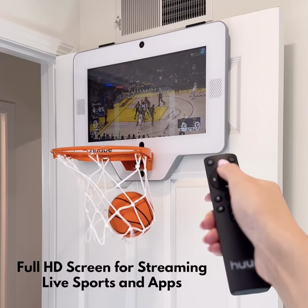 Huupe Mini Classic Smart Indoor Basketball Hoop, White, HD TV Backboard with Smart Features, Over-Door Mount, Sensor Shot Tracking, Rechargeable
