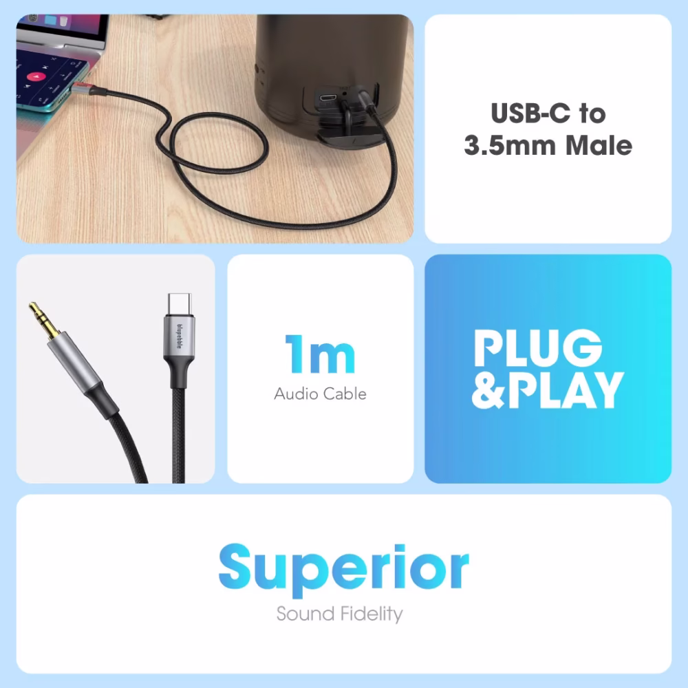 Blupebble USB-C Male To 3.5MM Male Cable 1M Gray BP-USBC23.5MALE-GY