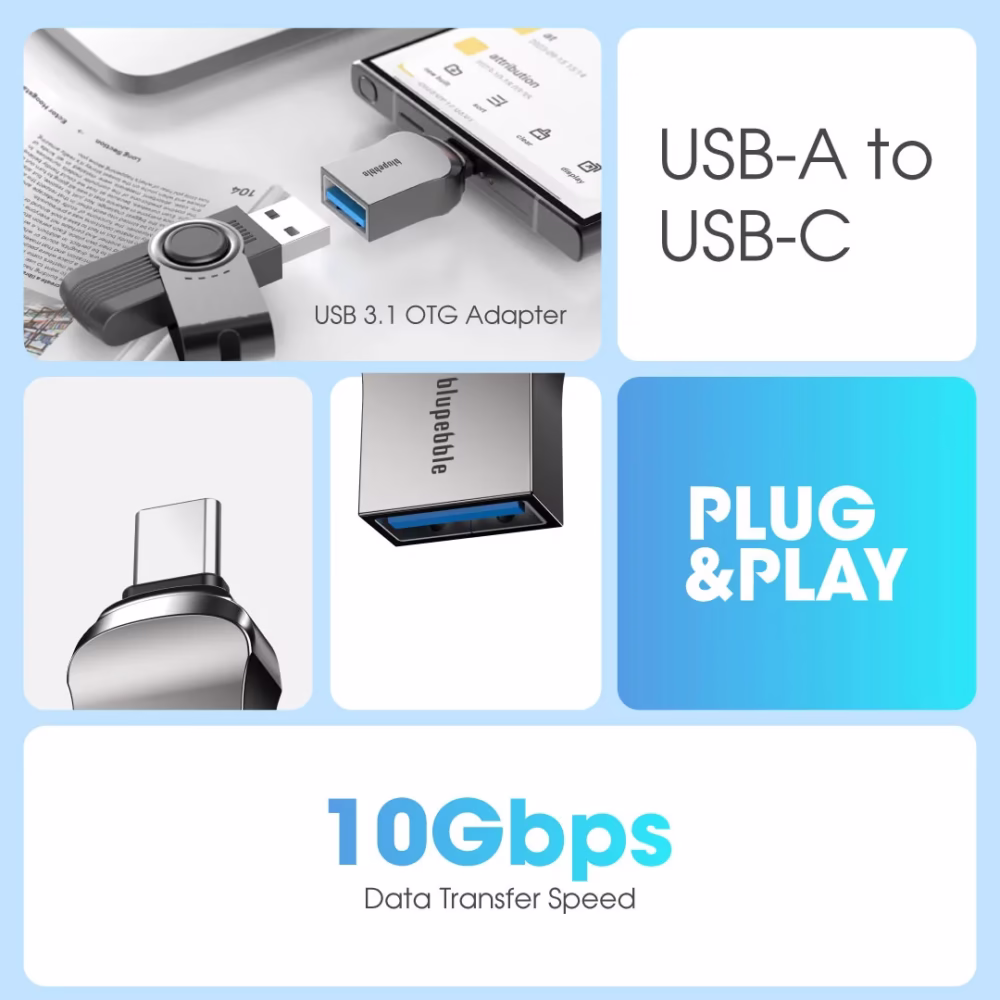 Blupebble USB-C to USB-A 3.1 OTG Adapter - Gray BP-OTGC2A-GY