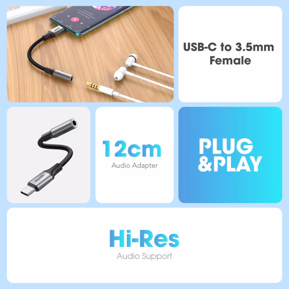 Blupebble USB-C Male To 3.5MM Female Adapter Gray BP-USBC23.5FMALE-GY