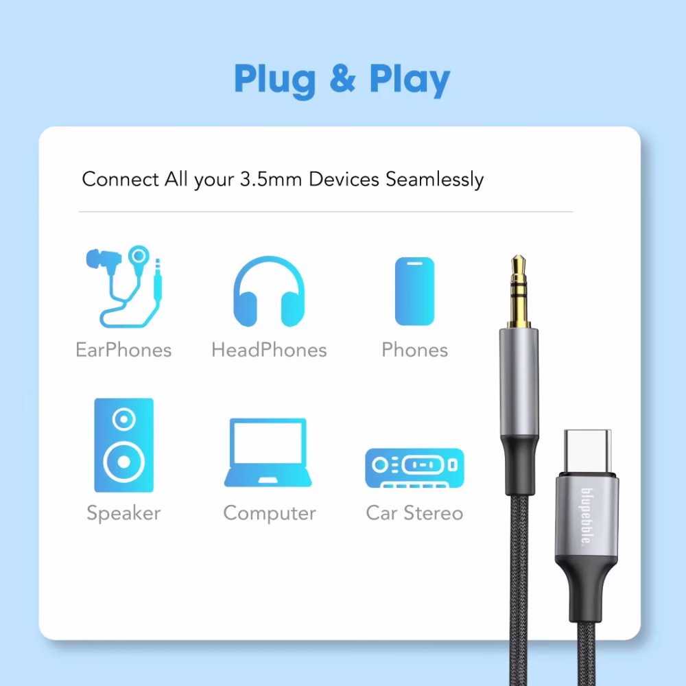 Blupebble USB-C Male To 3.5MM Male Cable 1M Gray BP-USBC23.5MALE-GY