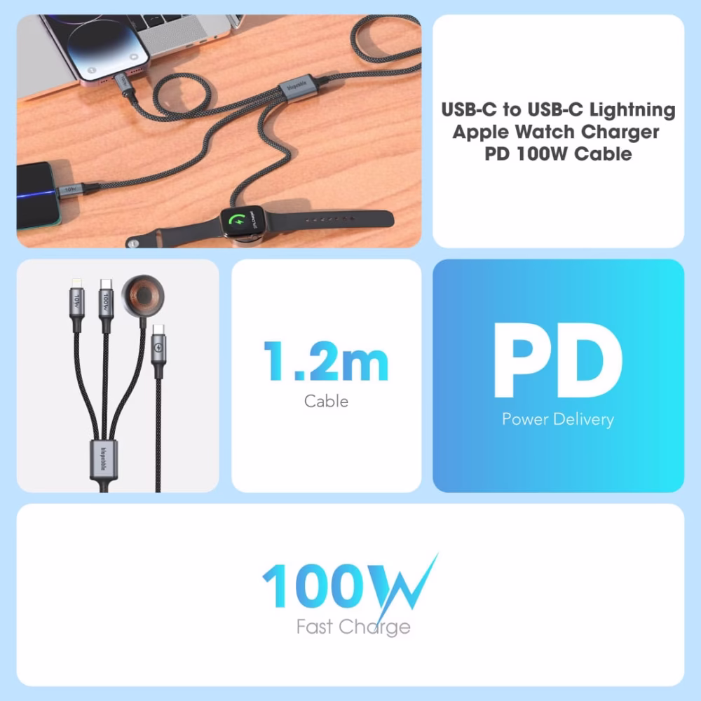 Blupebble PowerFlow USB-C To USB-C+Lightning+Watch Charger 100W PD Cable 1.2M Black BP-PF3IN1-BK