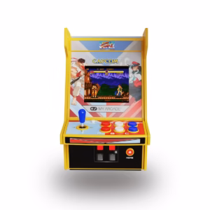 Yellow mini arcade cabinet with Street Fighter art, joystick, and colored buttons on a white background (toy home arcade)