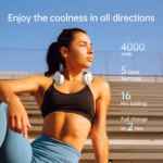 Athletic woman in a black sports bra wears white wireless headphones, resting on outdoor bleachers; right-side overlay lists 4000 mAh, 5 gear settings, 16 hrs lasting, full charge in 2 hrs.