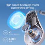Cross‑section view of a handheld device showing a brushless motor and blue airflow visualization, highlighting two airflow channels and internal components (4700 RPM).