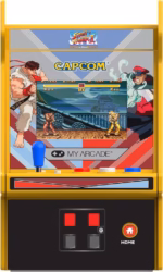 Yellow arcade cabinet with Street Fighter II artwork, Capcom logo, blue joystick and red/blue/white buttons ready for play.