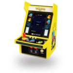 Yellow Pac-Man mini arcade cabinet with black screen and joystick, showcasing classic arcade artwork and controls for a toy or game setup