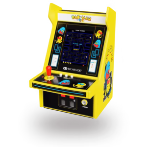 Yellow Pac-Man mini arcade cabinet with black screen and joystick, showcasing classic arcade artwork and controls for a toy or game setup