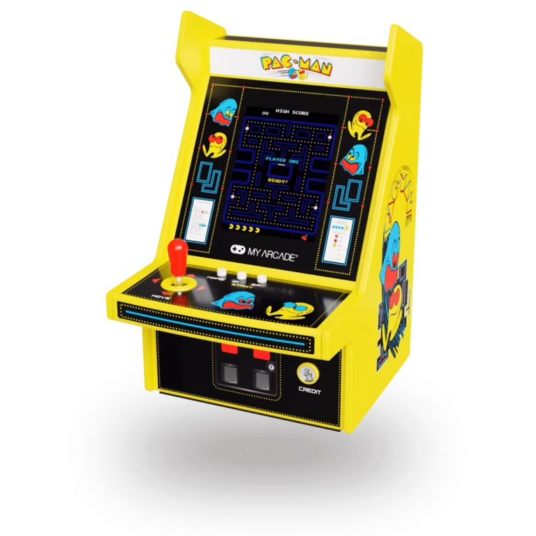 Yellow Pac-Man mini arcade cabinet with black screen and joystick, showcasing classic arcade artwork and controls for a toy or game setup