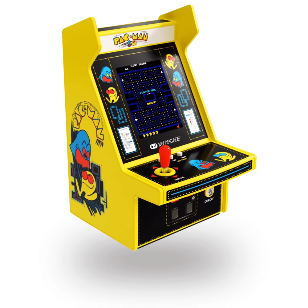 Yellow Pac-Man arcade cabinet with a black game screen, red joystick, and cartoon ghost side art; retro gaming vibe.
