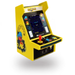 Yellow Pac-Man arcade cabinet with a black game screen, red joystick, and cartoon ghost side art; retro gaming vibe.
