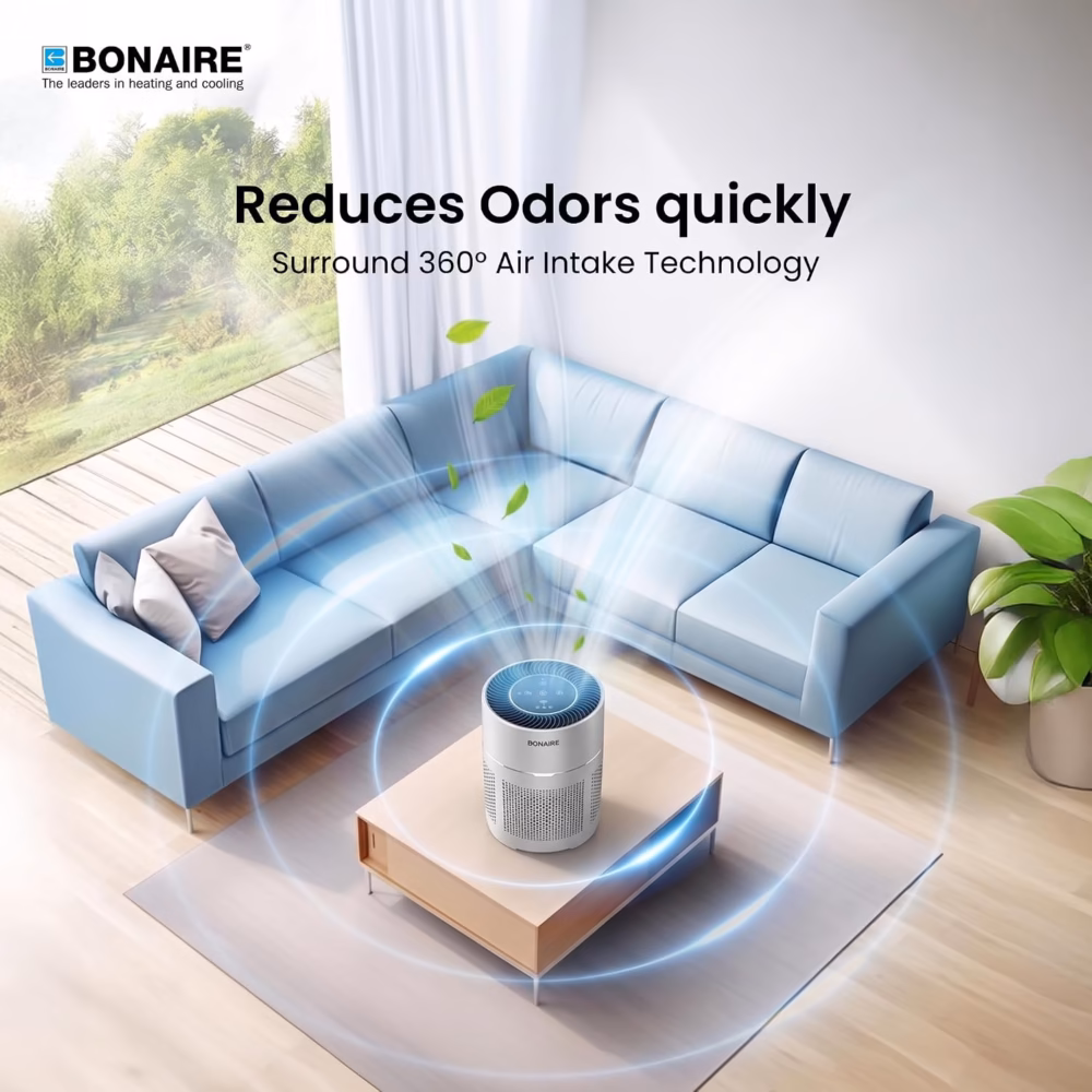 Bonaire GAP12 HEPA Air Purifier for Home with Pre‑Filter, Activated Carbon Filter, Auto Mode, PM2.5 Sensor, Timer, Sleep Mode, Child Lock & Filter Replacement Indicator – Compact Design – White
