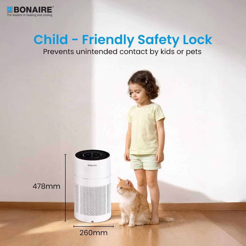 Bonaire GAP13 Smart Air Purifier | 390 m³/h CADR | 360° Air Intake | Multi‑Layer Filter System | PM2.5 Sensor | Wi‑Fi App Control | Timer | Sleep Mode 26 dB | Filter Indicator | Child Lock | White