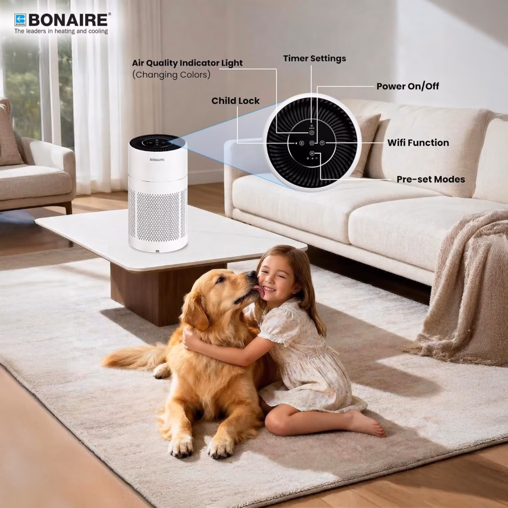 Bonaire GAP13 Smart Air Purifier | 390 m³/h CADR | 360° Air Intake | Multi‑Layer Filter System | PM2.5 Sensor | Wi‑Fi App Control | Timer | Sleep Mode 26 dB | Filter Indicator | Child Lock | White