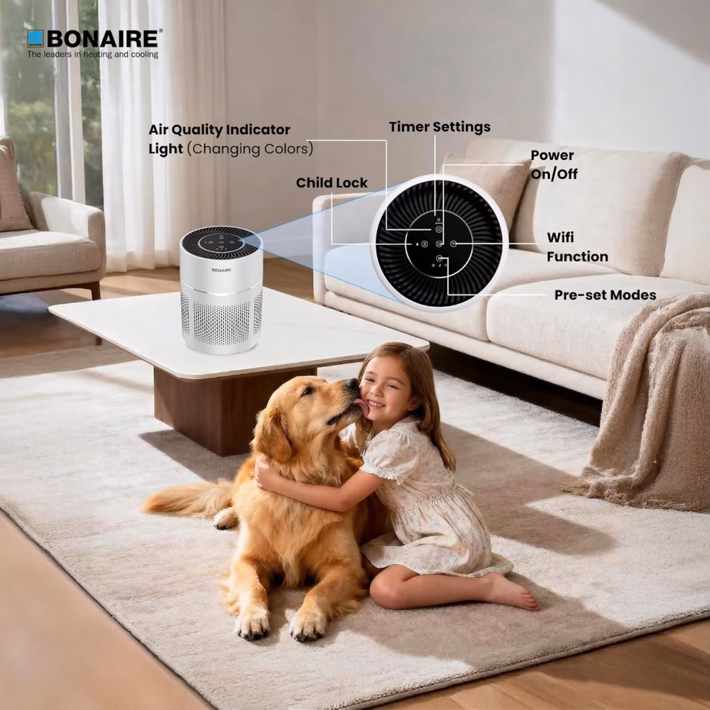 Bonaire GAP12 HEPA Air Purifier for Home with Pre‑Filter, Activated Carbon Filter, Auto Mode, PM2.5 Sensor, Timer, Sleep Mode, Child Lock & Filter Replacement Indicator – Compact Design – White