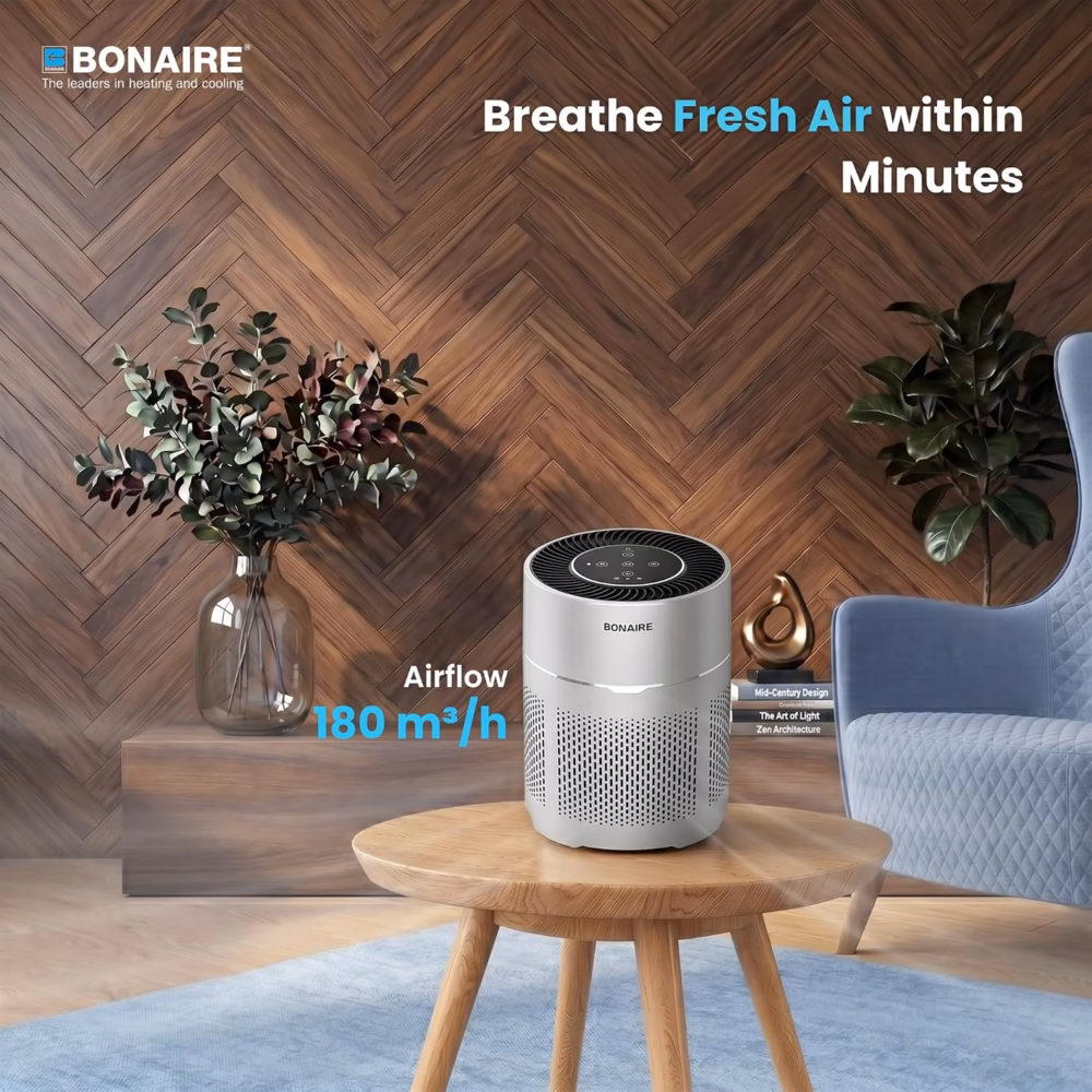 Bonaire GAP12 HEPA Air Purifier for Home with Pre‑Filter, Activated Carbon Filter, Auto Mode, PM2.5 Sensor, Timer, Sleep Mode, Child Lock & Filter Replacement Indicator – Compact Design – White