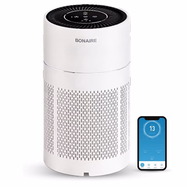 Bonaire GAP13 Smart Air Purifier | 390 m³/h CADR | 360° Air Intake | Multi‑Layer Filter System | PM2.5 Sensor | Wi‑Fi App Control | Timer | Sleep Mode 26 dB | Filter Indicator | Child Lock | White